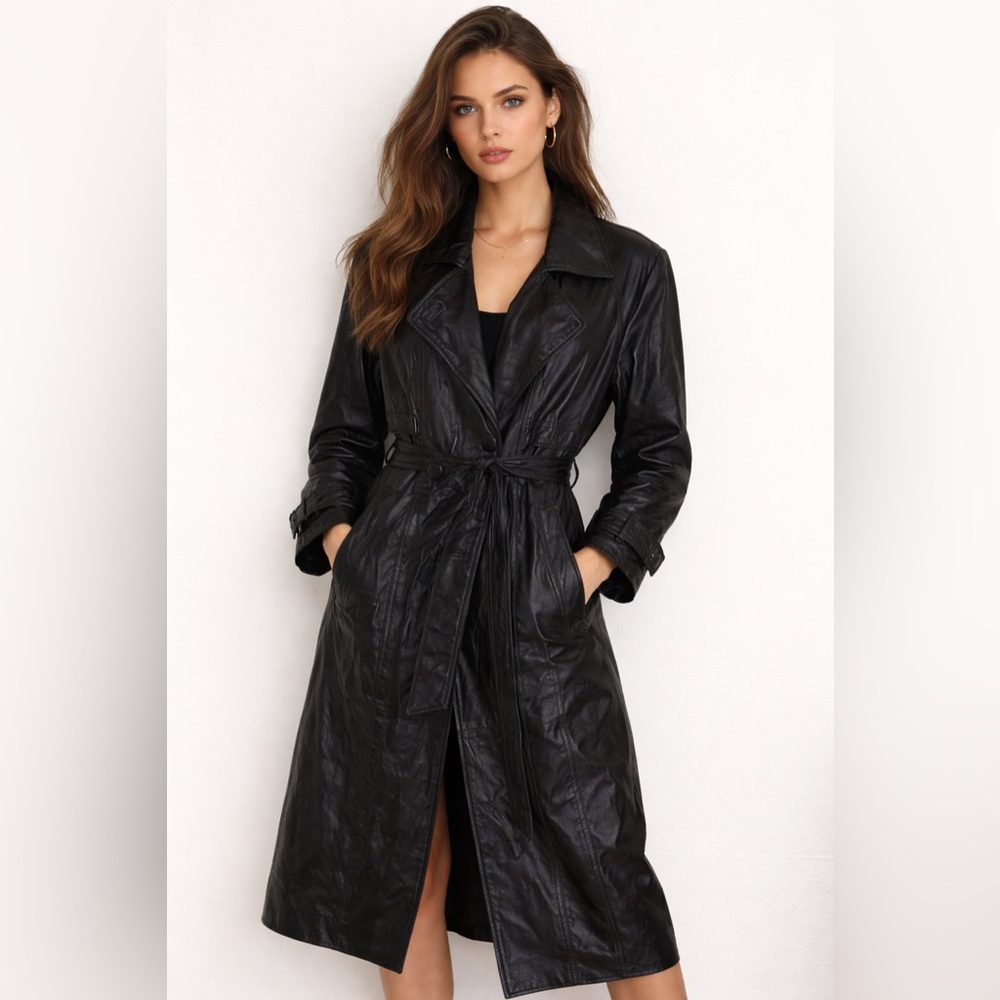 Pelle Studio Wilsons Leather Sm Double Breasted Black Leather Trench Coat Belted